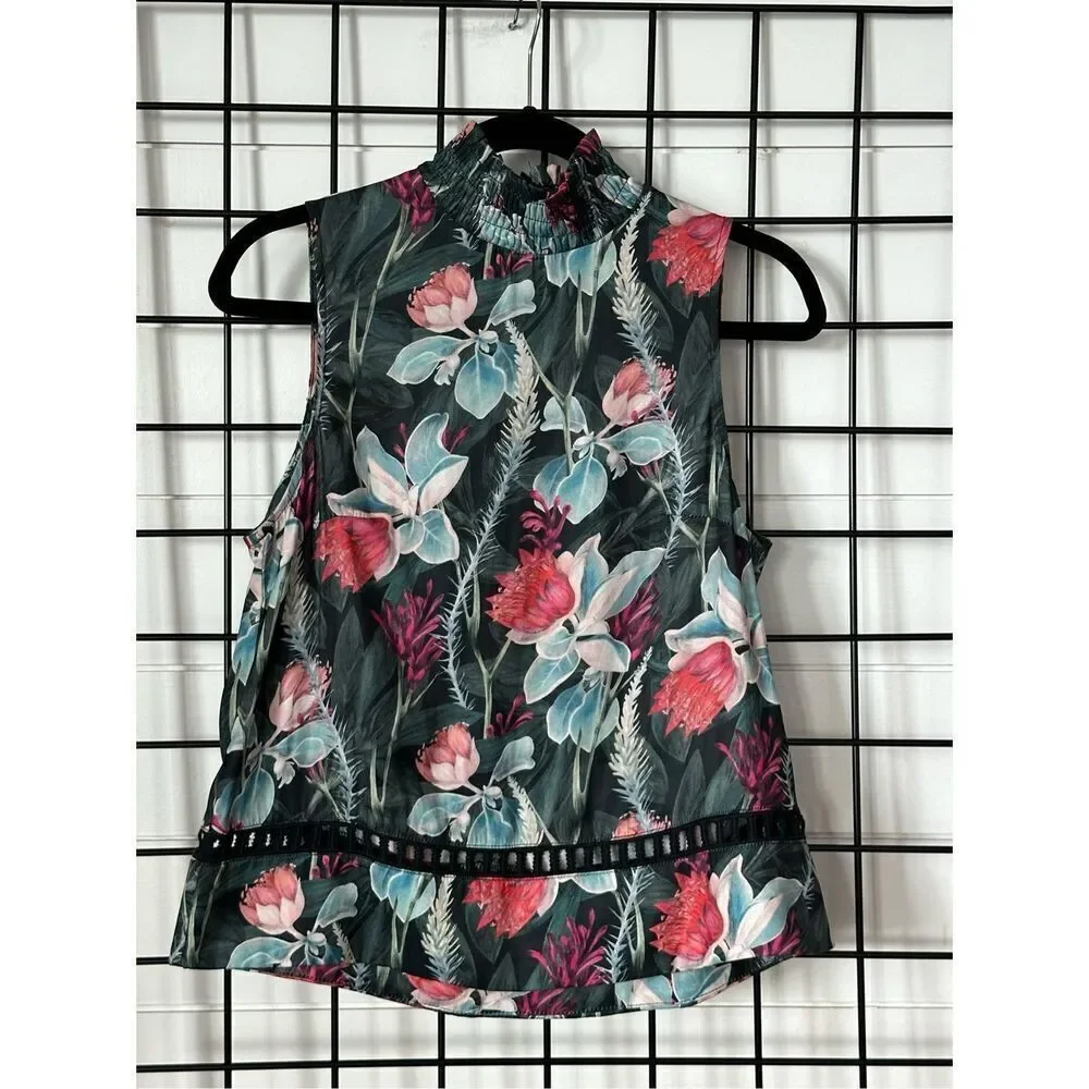 MinkPink Smocked‎ Sleeveless Turtleneck Womens S Tropical Floral Romantic